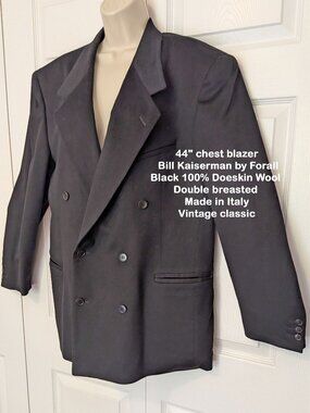 44" chest man's blazer, Bill Kaiserman by Forall, Black 100% Wool, Double breast